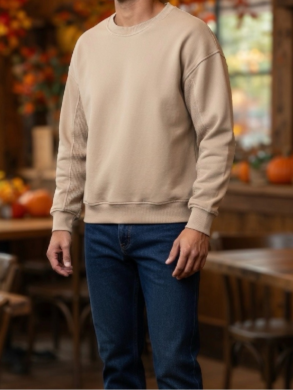 RAE MODE CAMEL OVERSIZED WAFFLE KNIT CREWNECK PULLOVER